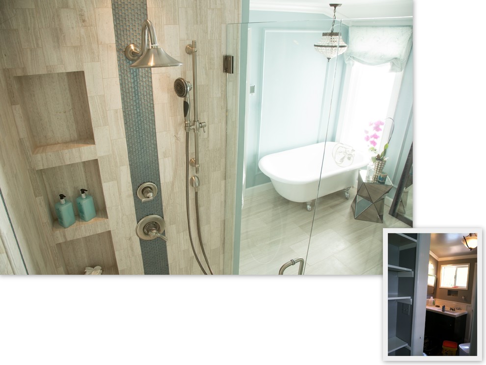 Пример оригинального дизайна: главная ванная комната среднего размера в викторианском стиле с фасадами с выступающей филенкой, искусственно-состаренными фасадами, ванной на ножках, душем в нише, унитазом-моноблоком, синей плиткой, плиткой из известняка, синими стенами, полом из известняка, врезной раковиной, столешницей из кварцита, бежевым полом и душем с распашными дверями