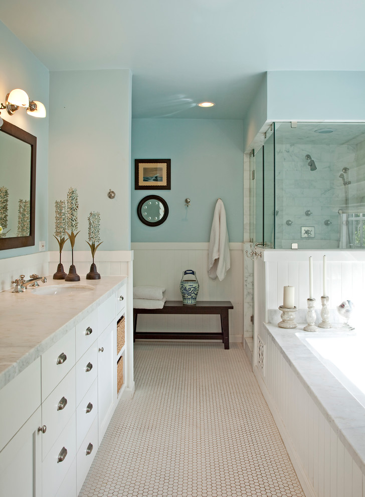 Inspiration for a classic bathroom in Los Angeles with a submerged sink, white cabinets and an alcove shower.
