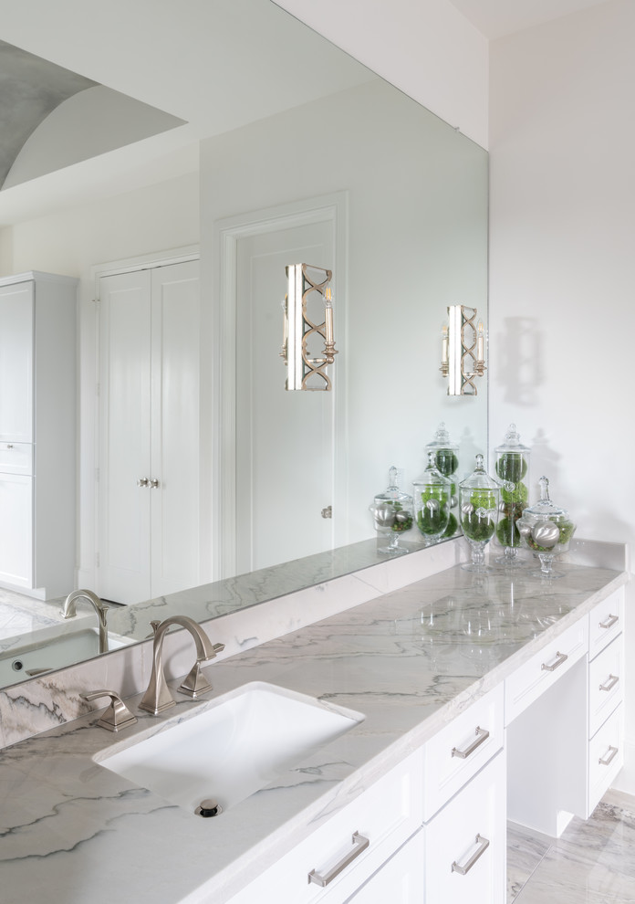 Large classic ensuite bathroom in Other with shaker cabinets, grey cabinets, a freestanding bath, a double shower, grey tiles, marble tiles, white walls, porcelain flooring, a submerged sink, quartz worktops, grey floors, a sliding door and grey worktops.