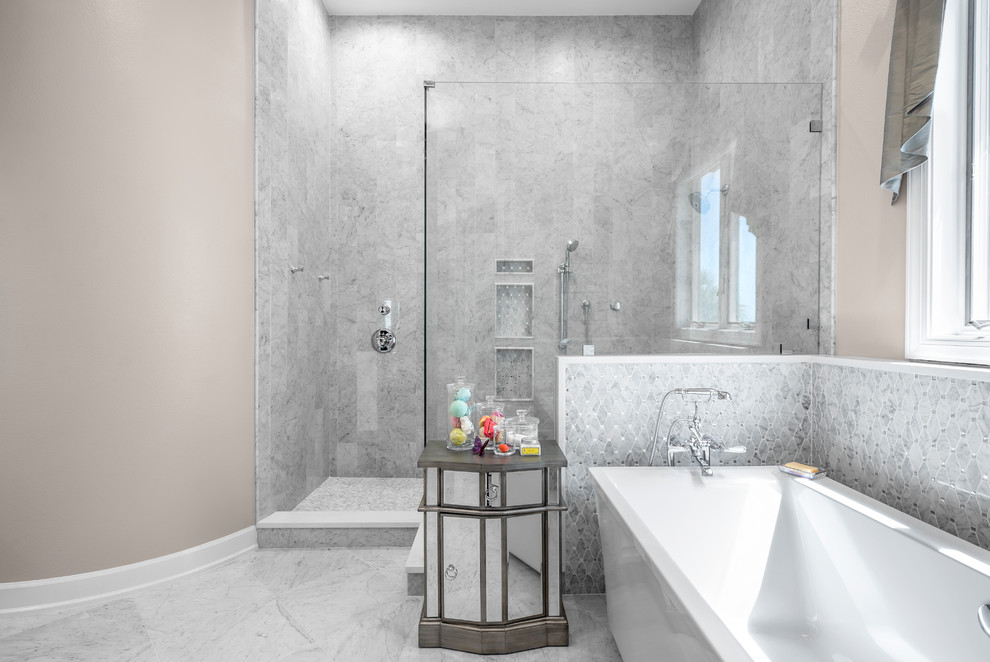 Example of a huge classic master white tile and marble tile marble floor and white floor bathroom design in Tampa with recessed-panel cabinets, white cabinets, beige walls, an undermount sink, quartz countertops and white countertops