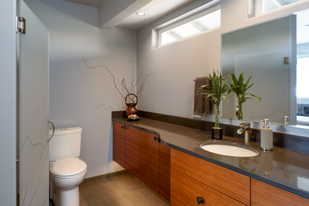 Idées déco pour une grande salle de bain principale contemporaine en bois brun avec un placard à porte plane, une baignoire indépendante, une douche ouverte, WC séparés, un carrelage gris, des carreaux de céramique, un mur bleu, un sol en galet, un lavabo encastré, un plan de toilette en quartz modifié, un sol multicolore et aucune cabine.