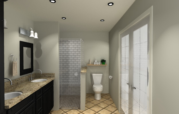 Inspiration för ett mellanstort vintage en-suite badrum, med ett undermonterad handfat, luckor med upphöjd panel, svarta skåp, granitbänkskiva, en öppen dusch, en toalettstol med hel cisternkåpa, beige kakel och grå väggar
