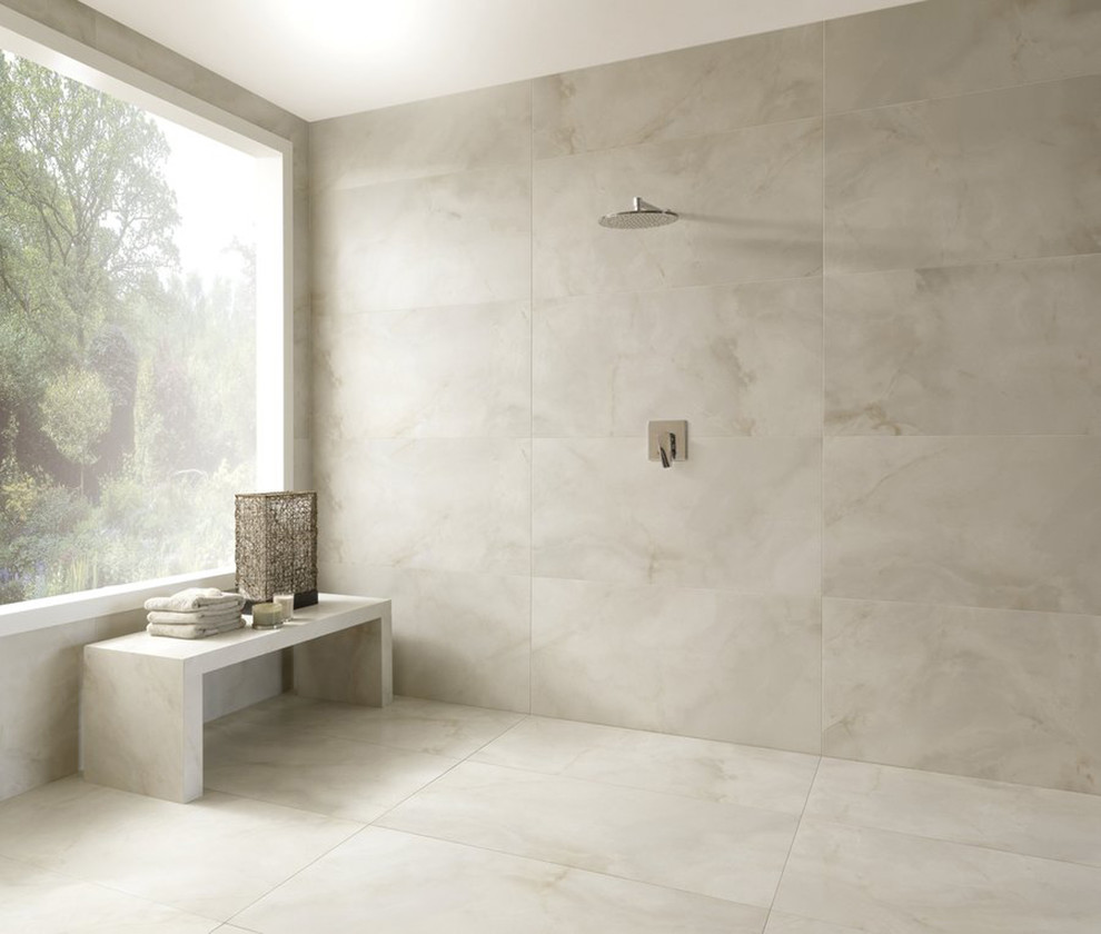 Example of a large trendy master white tile and porcelain tile porcelain tile walk-in shower design in Toronto with white walls