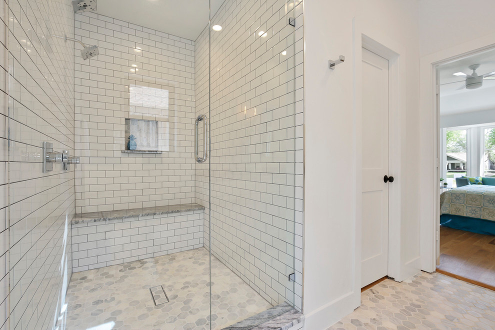 Design ideas for an ensuite bathroom in Dallas with shaker cabinets, white cabinets, a double shower, white tiles, metro tiles, white walls, marble flooring, a submerged sink, engineered stone worktops, grey floors, a hinged door and grey worktops.