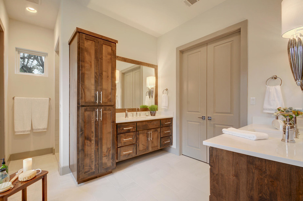 Design ideas for a large contemporary ensuite bathroom in Austin with shaker cabinets, medium wood cabinets, a built-in bath, a double shower, a one-piece toilet, white tiles, porcelain tiles, white walls, porcelain flooring, a submerged sink and engineered stone worktops.