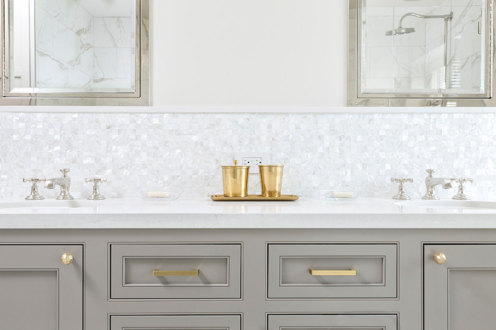 Example of a mid-sized classic master white tile and mosaic tile bathroom design in San Francisco with white walls and an undermount sink