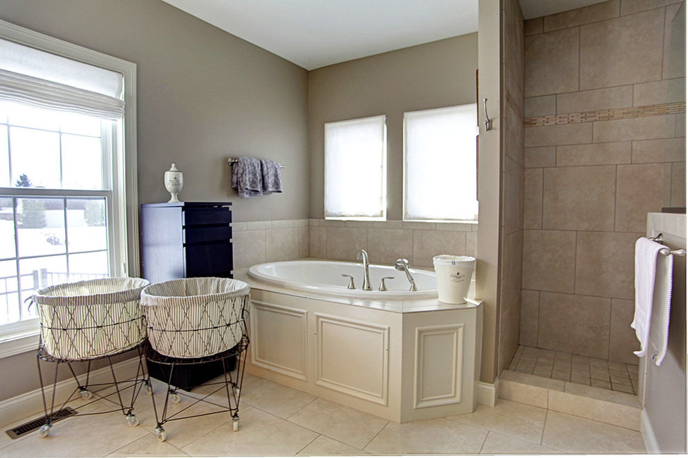 Mid-sized elegant master beige tile and ceramic tile ceramic tile doorless shower photo in Charleston with a drop-in sink, dark wood cabinets, granite countertops, a hot tub, a one-piece toilet and beige walls