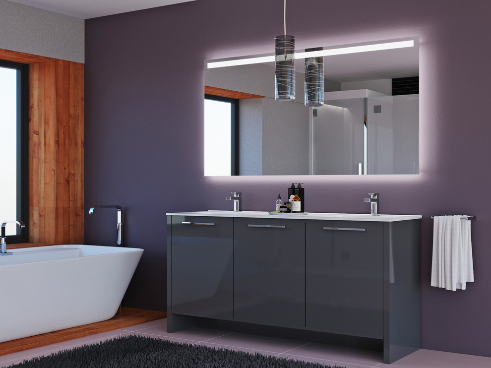 Diseño de cuarto de baño moderno pequeño con armarios tipo mueble, puertas de armario grises, lavabo encastrado, encimera de acrílico y encimeras blancas