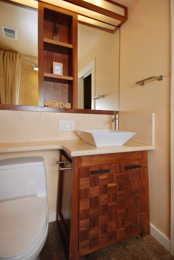 サンフランシスコにあるコンテンポラリースタイルのおしゃれな浴室 (ベッセル式洗面器) の写真
