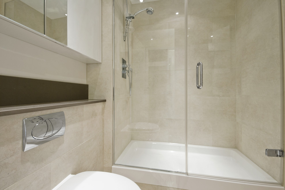Design ideas for a medium sized modern shower room bathroom in Toronto with open cabinets, white cabinets, beige tiles, stone tiles, beige walls, marble flooring, engineered stone worktops and an alcove shower.