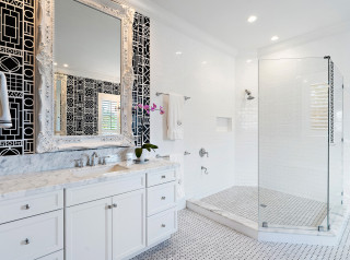 Shower Bath Niche with subway tile and glass shelves. Shower bath feature a niche  with subway tile and gl…