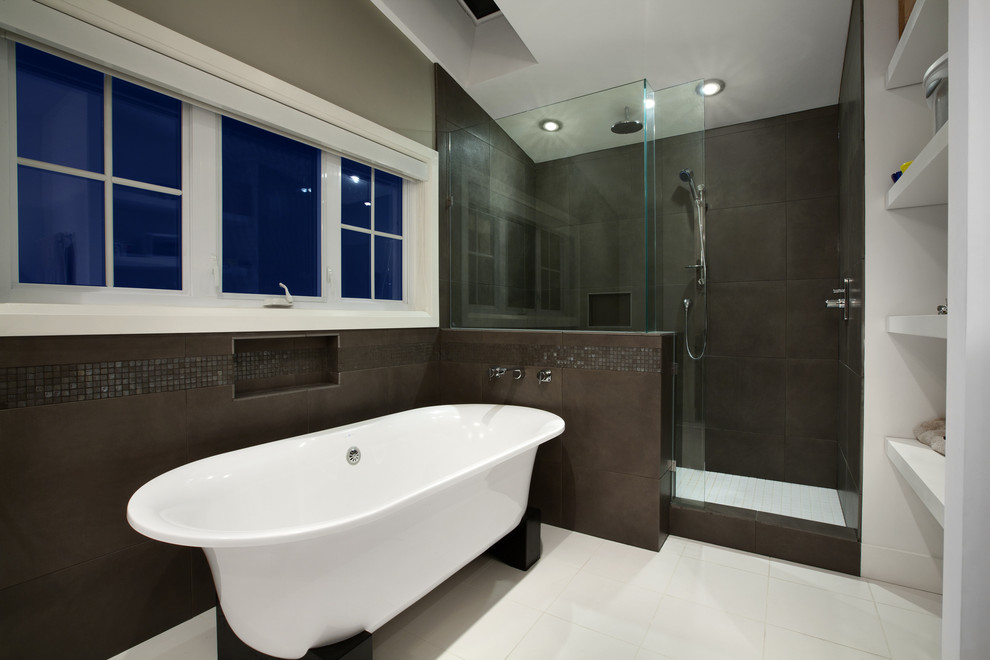 Freestanding bathtub - contemporary mosaic tile freestanding bathtub idea in Vancouver