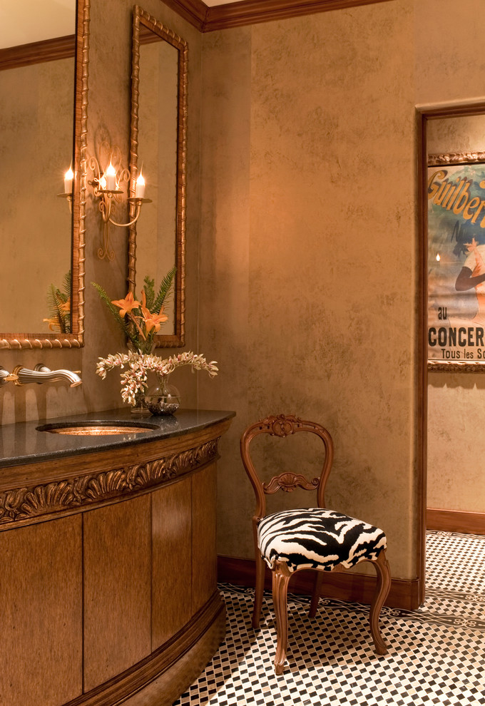 Medium sized mediterranean shower room bathroom in Other with a submerged sink, freestanding cabinets, medium wood cabinets, granite worktops, multi-coloured walls and porcelain flooring.