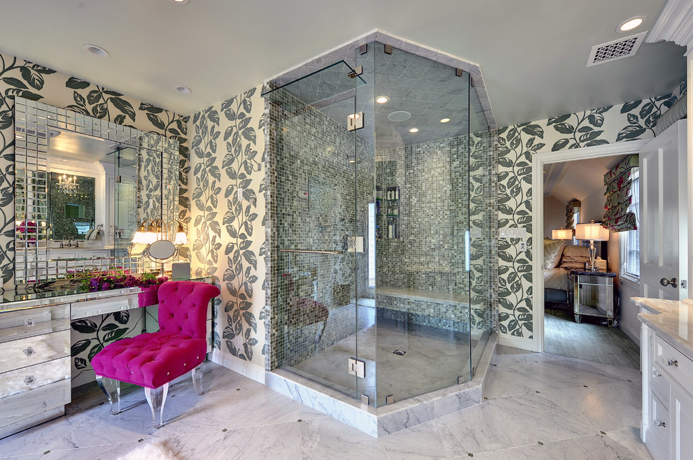 Contemporary bathroom in Los Angeles with a corner shower and beaded cabinets.