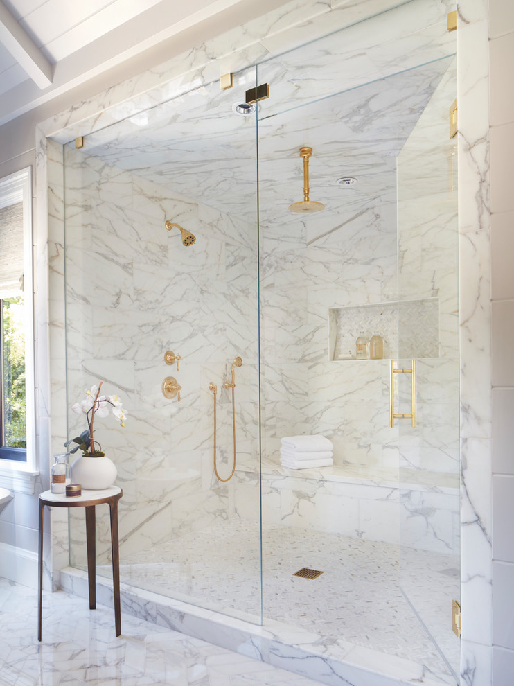Design ideas for a medium sized classic ensuite wet room bathroom in Los Angeles with shaker cabinets, purple cabinets, a freestanding bath, a two-piece toilet, white tiles, marble tiles, a submerged sink, marble worktops and a hinged door.