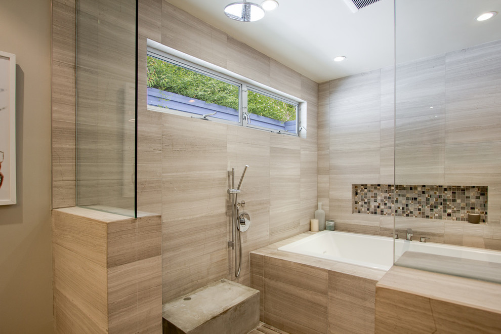 Large minimalist master bathroom photo in San Francisco with beige walls