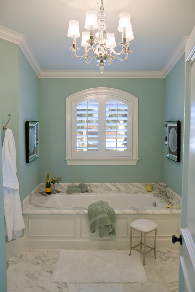 Alcove bathtub - mid-sized coastal master multicolored tile alcove bathtub idea in Orange County with green walls