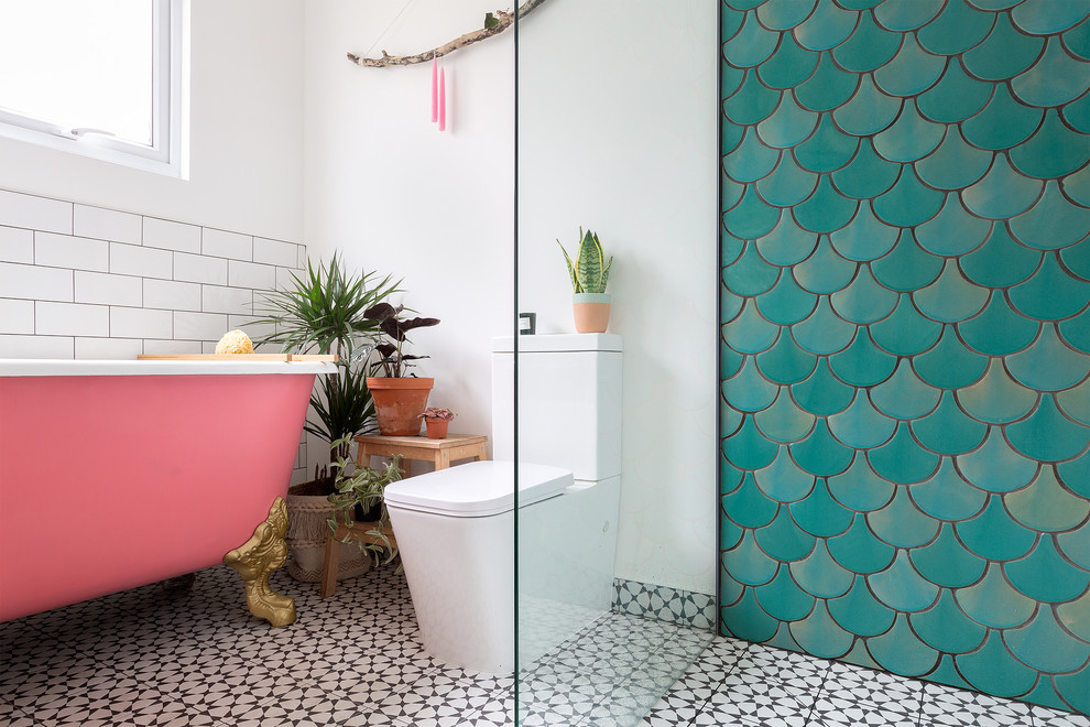 Inspiration for a contemporary green tile and ceramic tile cement tile floor doorless shower remodel in London with a hot tub and white walls