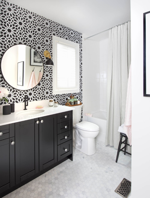 Monochrome Magic: Black Shaker Vanity with Round Mirror - Bathroom Wallpaper Ideas