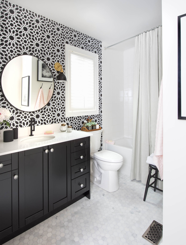 Bathroom - small traditional white tile mosaic tile floor bathroom idea in Toronto with an undermount sink, shaker cabinets, black cabinets and multicolored walls