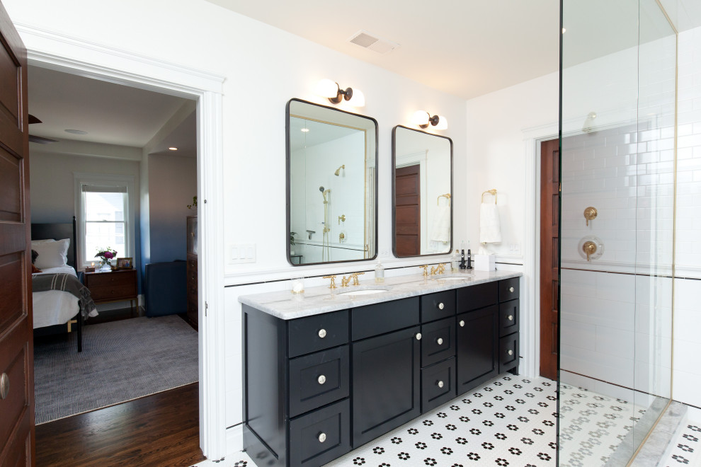 Example of a large country master white tile and subway tile mosaic tile floor, white floor and double-sink bathroom design in Chicago with recessed-panel cabinets, black cabinets, a two-piece toilet, white walls, an undermount sink, quartzite countertops, gray countertops and a freestanding vanity