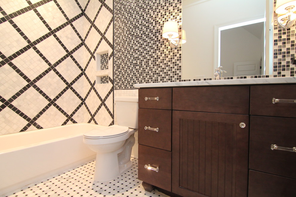 Inspiration for a medium sized contemporary family bathroom in Raleigh with a submerged sink, freestanding cabinets, dark wood cabinets, granite worktops, an alcove bath, a shower/bath combination, a one-piece toilet, black tiles, mosaic tiles, white walls and ceramic flooring.