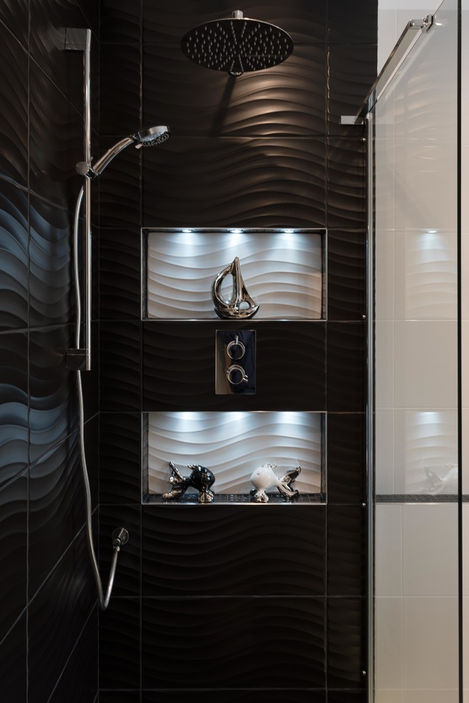 Bild på ett mellanstort funkis badrum med dusch, med luckor med profilerade fronter, skåp i mörkt trä, våtrum, en vägghängd toalettstol, svart och vit kakel, porslinskakel, klinkergolv i porslin, ett integrerad handfat, bänkskiva i akrylsten, vitt golv och med dusch som är öppen