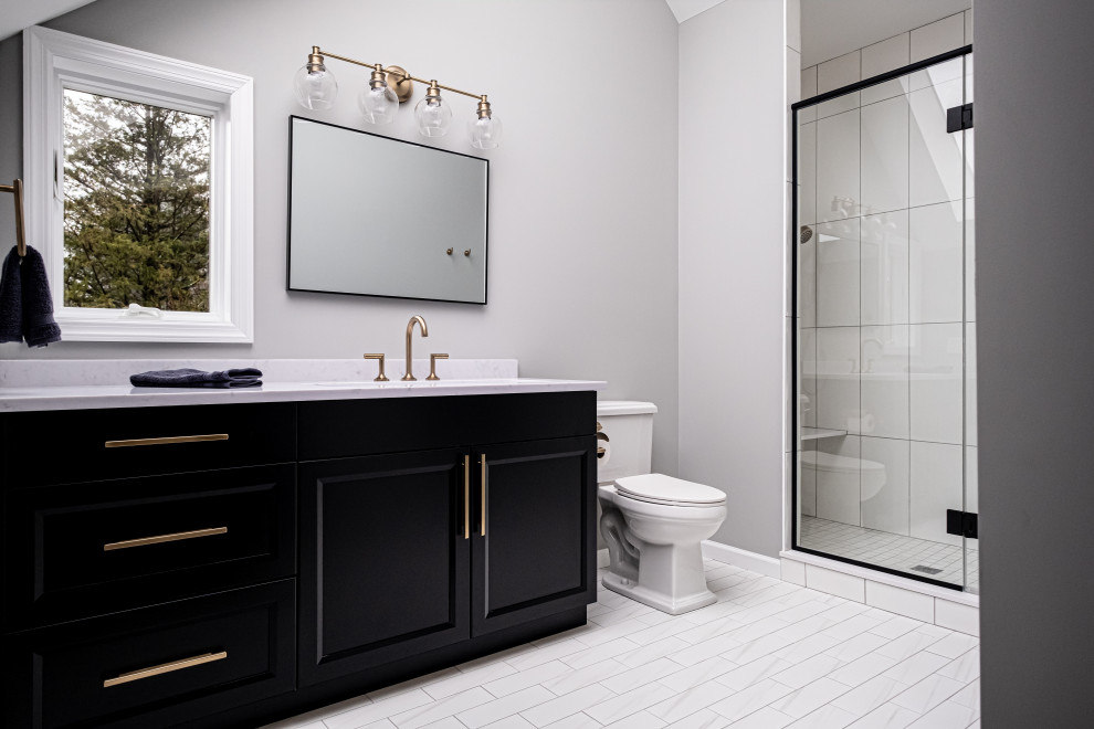 Black Frameless Vanity with Satin Brass Hardware - Transitional ...