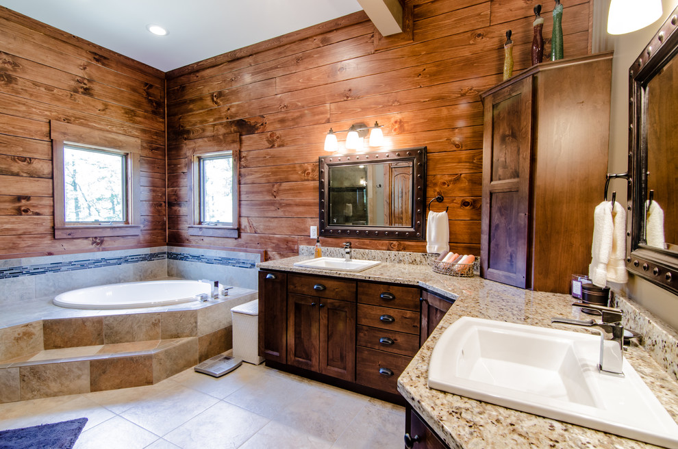 На фото: ванная комната в стиле рустика с накладной раковиной, фасадами с утопленной филенкой, темными деревянными фасадами и накладной ванной с