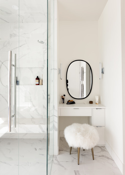 Contemporary Chic: Walk-in Shower and Vanity Area Unveiled in This Bathroom Mirror Ideas Wonderland