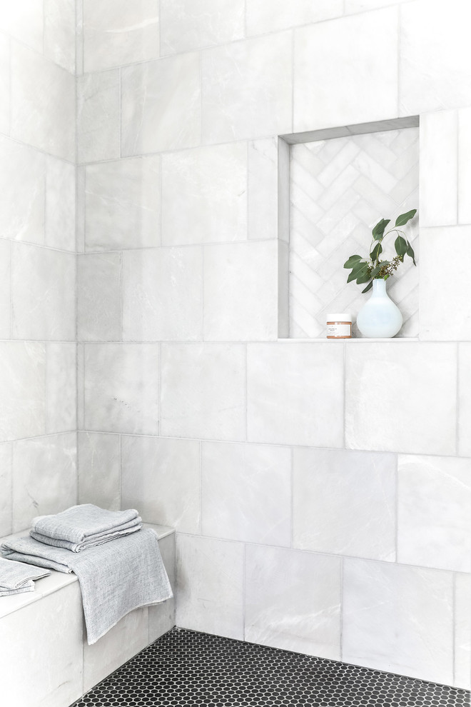 Inspiration for a medium sized modern ensuite bathroom in Portland Maine with recessed-panel cabinets, medium wood cabinets, white tiles, marble tiles, grey walls, ceramic flooring, a submerged sink, soapstone worktops, black floors, a hinged door and grey worktops.