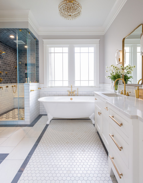 Tile Extravaganza: Luxury Bathroom with White Vanity - Brass Hardware Freestanding Bathtub Ideas