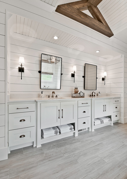 Farmhouse bathroom, double vanity, white shiplap walls 