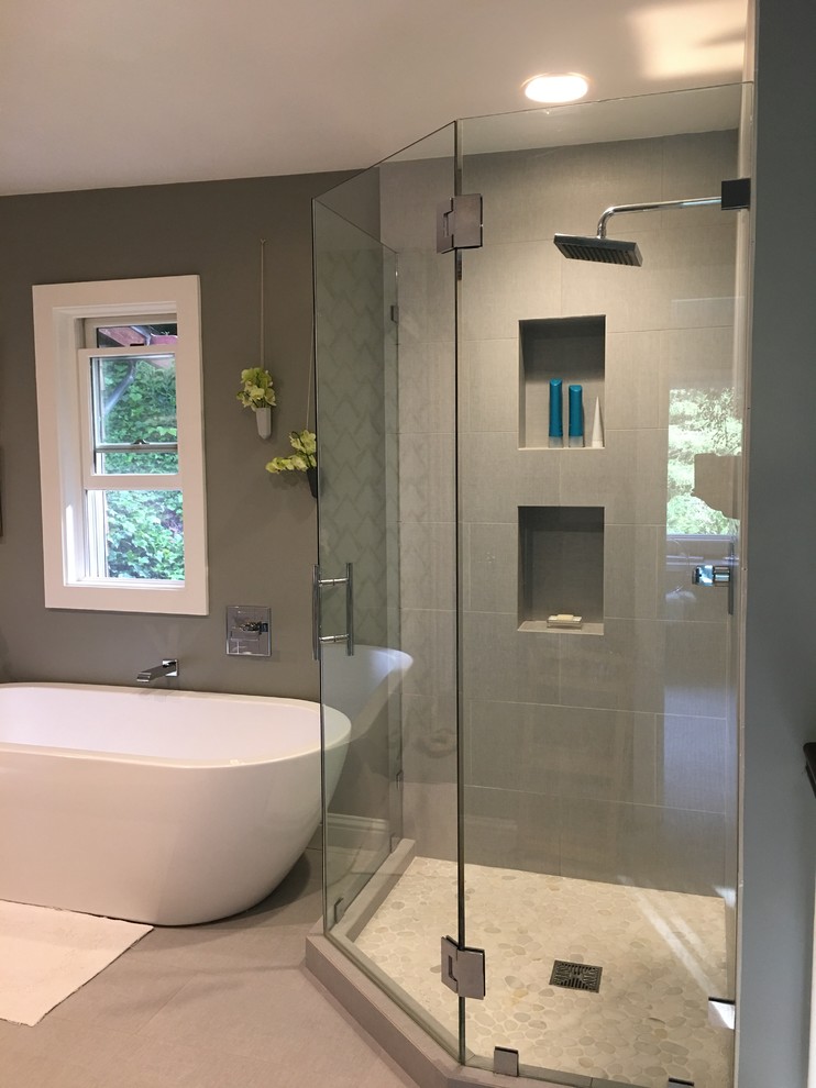 Inspiration for a huge contemporary white tile and ceramic tile porcelain tile and gray floor bathroom remodel in San Francisco with shaker cabinets, gray cabinets, a one-piece toilet, white walls, an undermount sink, marble countertops and a hinged shower door
