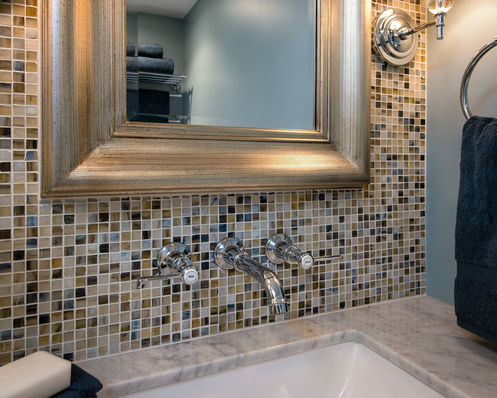 Example of a mid-sized transitional kids' multicolored tile and mosaic tile marble floor and multicolored floor alcove shower design in Detroit with an undermount sink, beaded inset cabinets, white cabinets, marble countertops, a two-piece toilet, blue walls and multicolored countertops
