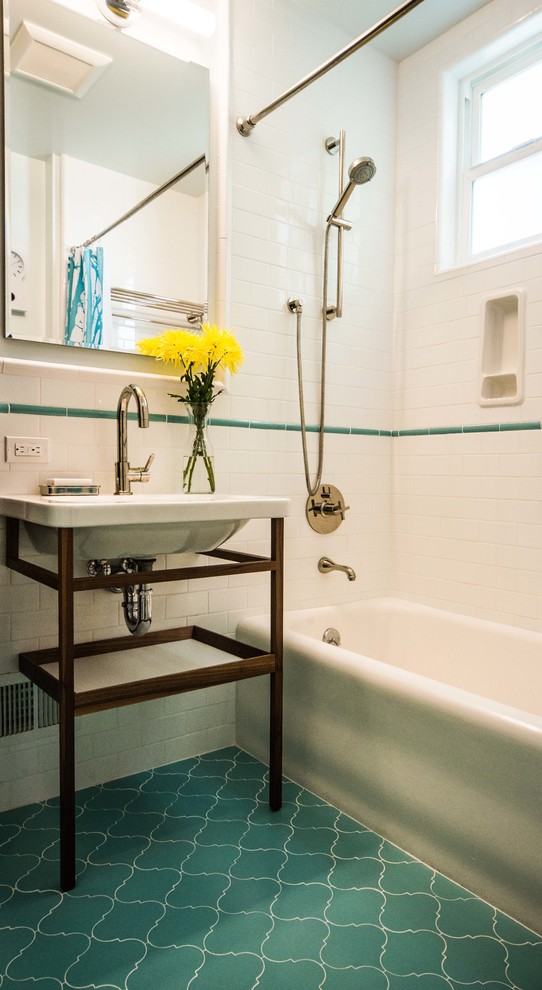 Eclectic multicolored tile and ceramic tile ceramic tile bathroom photo in San Francisco with a console sink, medium tone wood cabinets, a two-piece toilet and blue walls