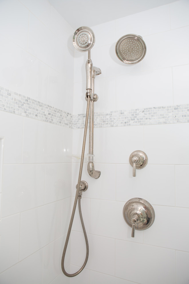 Example of a small transitional master white tile and mosaic tile marble floor doorless shower design in DC Metro with an undermount sink, flat-panel cabinets, gray cabinets, marble countertops and blue walls