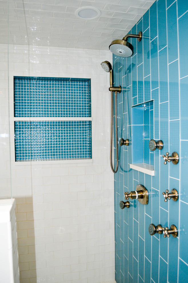 Blue and White shower tile walls Traditional Bathroom Cleveland