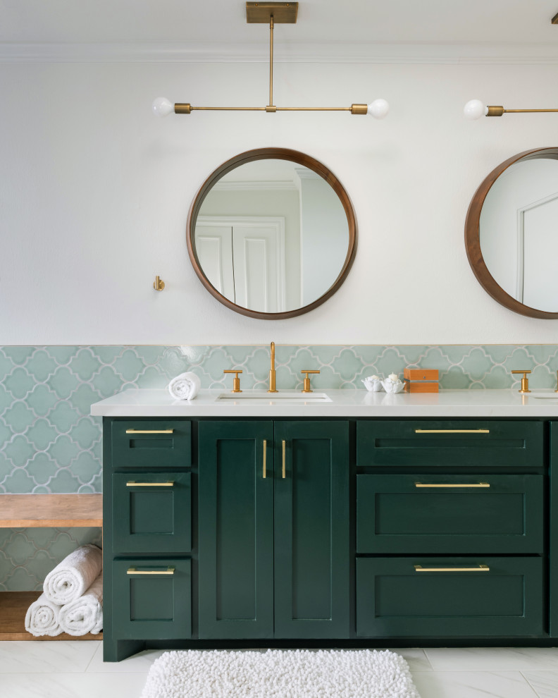 Inspiration for a large transitional master green tile and ceramic tile white floor, double-sink and wainscoting bathroom remodel in Dallas with green cabinets, white walls and white countertops