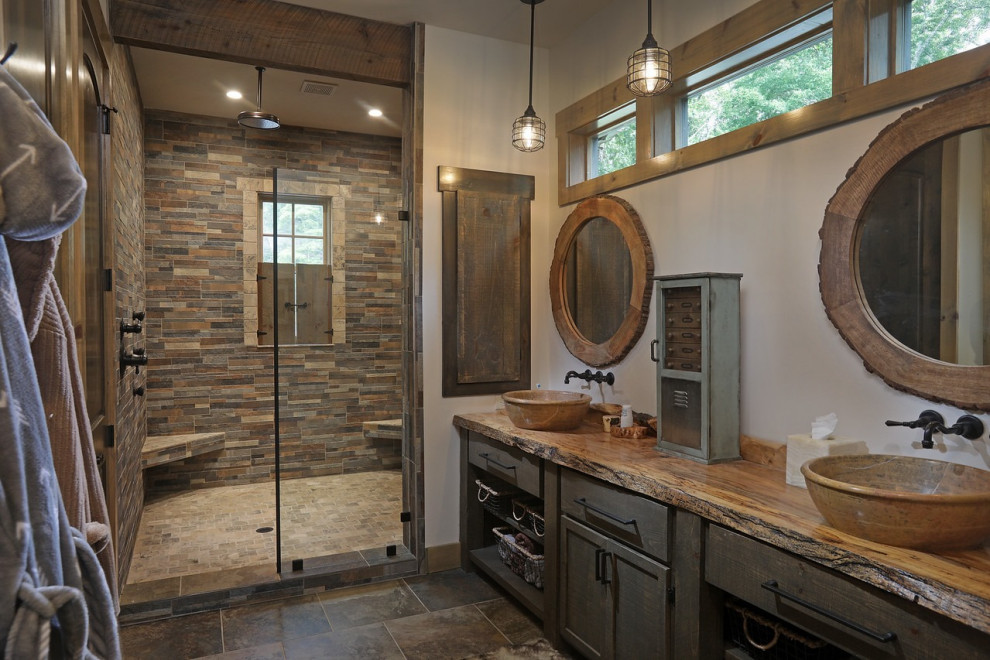 Photo of a rustic bathroom in Atlanta with a shower bench, double sinks and a built in vanity unit.