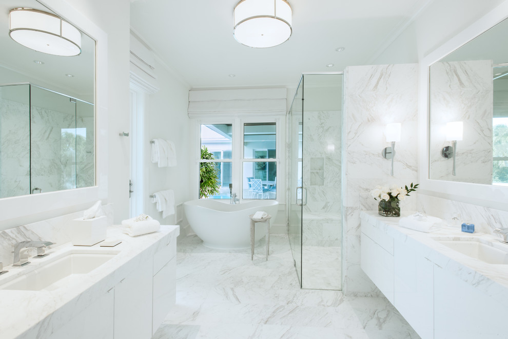 Photo of a contemporary bathroom in Tampa with a hinged door and feature lighting.
