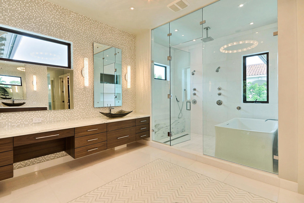 Bathroom - huge contemporary master white tile and marble tile marble floor bathroom idea in Miami with flat-panel cabinets, dark wood cabinets, a one-piece toilet, white walls, a vessel sink and marble countertops
