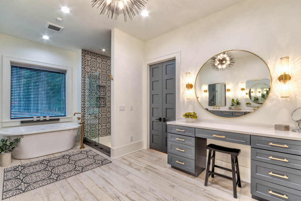 Mid-sized farmhouse kids' white tile and ceramic tile ceramic tile, white floor and double-sink bathroom photo in Atlanta with shaker cabinets, gray cabinets, a two-piece toilet, white walls, an undermount sink, quartz countertops, a hinged shower door, white countertops and a built-in vanity
