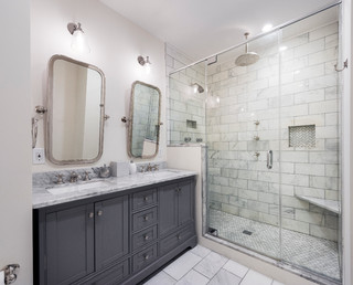 Shower Bath Niche with subway tile and glass shelves. Shower bath feature a niche  with subway tile and gl…