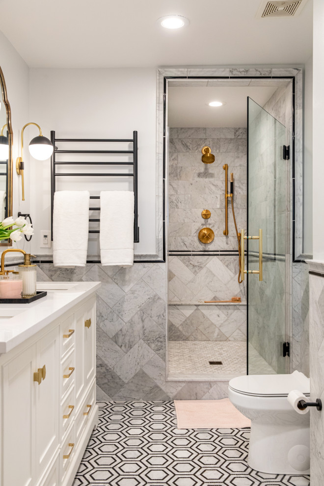 Photo of a classic ensuite bathroom in Baltimore with beaded cabinets, white cabinets, an alcove shower, marble tiles, marble flooring, a hinged door, white worktops, a shower bench, double sinks, a freestanding vanity unit and wainscoting.