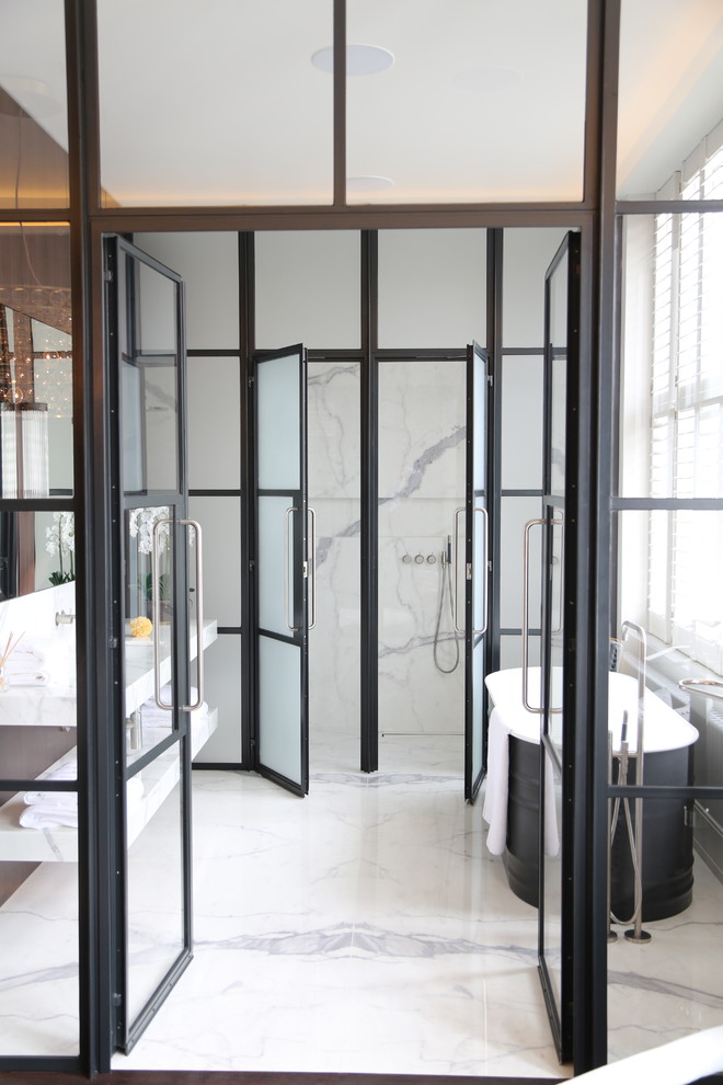 Photo of a contemporary bathroom in London with a hinged door.