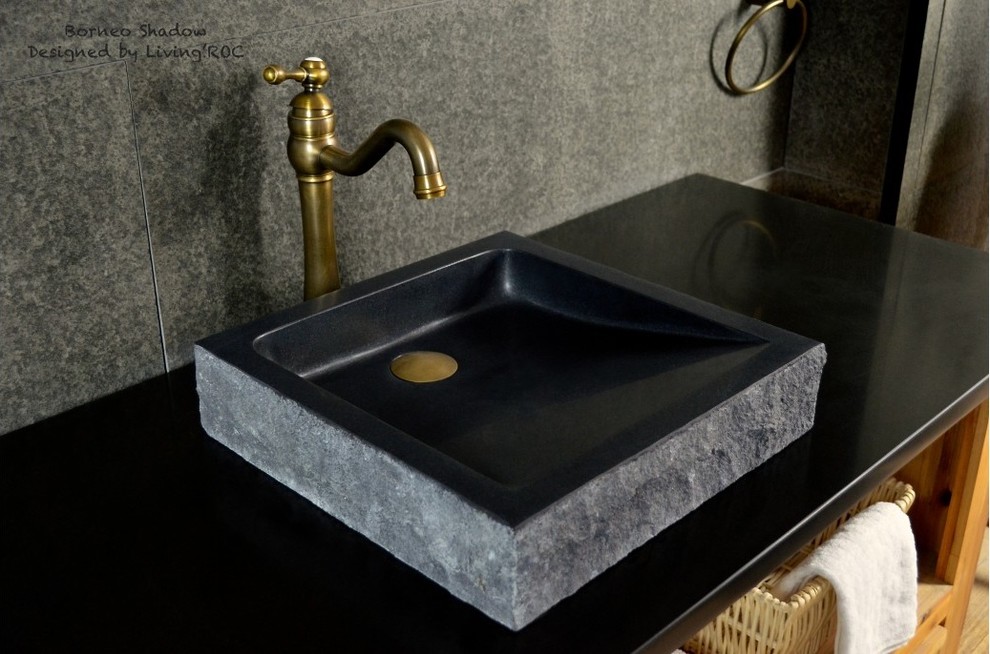BORNEO SHADOW 16"x16 BLACK GRANITE BATHROOM VESSEL SINK Craftsman Bathroom Los Angeles