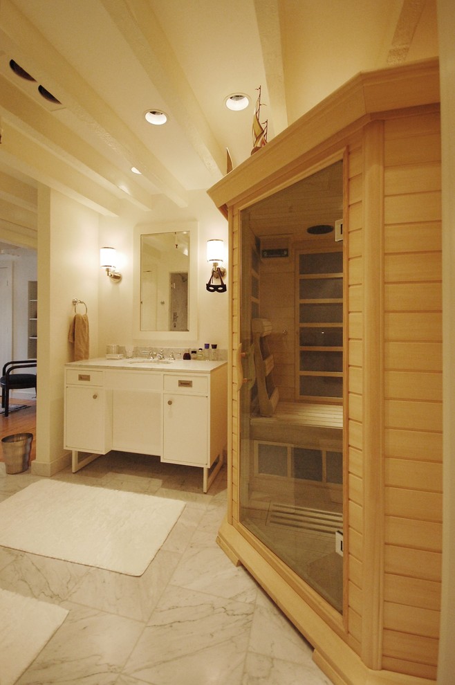 Large contemporary sauna bathroom in Boston with flat-panel cabinets, white cabinets, an alcove shower, grey tiles, white tiles, marble tiles, white walls, marble flooring, a submerged sink, marble worktops and a hinged door.