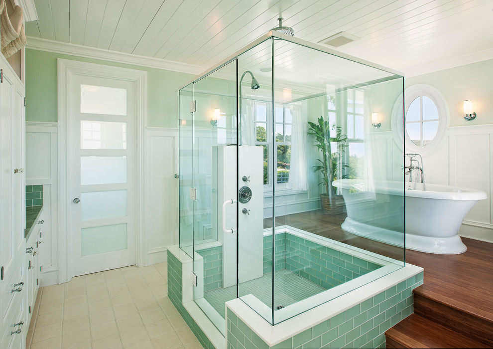 Large elegant master green tile and subway tile medium tone wood floor bathroom photo in Santa Barbara with recessed-panel cabinets, white cabinets, white walls, a hinged shower door, a two-piece toilet and an undermount sink