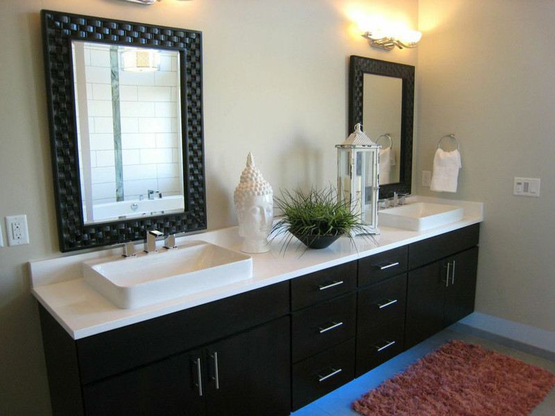 Example of a mid-sized minimalist master white tile and ceramic tile ceramic tile bathroom design in Boise with a drop-in sink, flat-panel cabinets, dark wood cabinets, quartz countertops, a one-piece toilet and beige walls